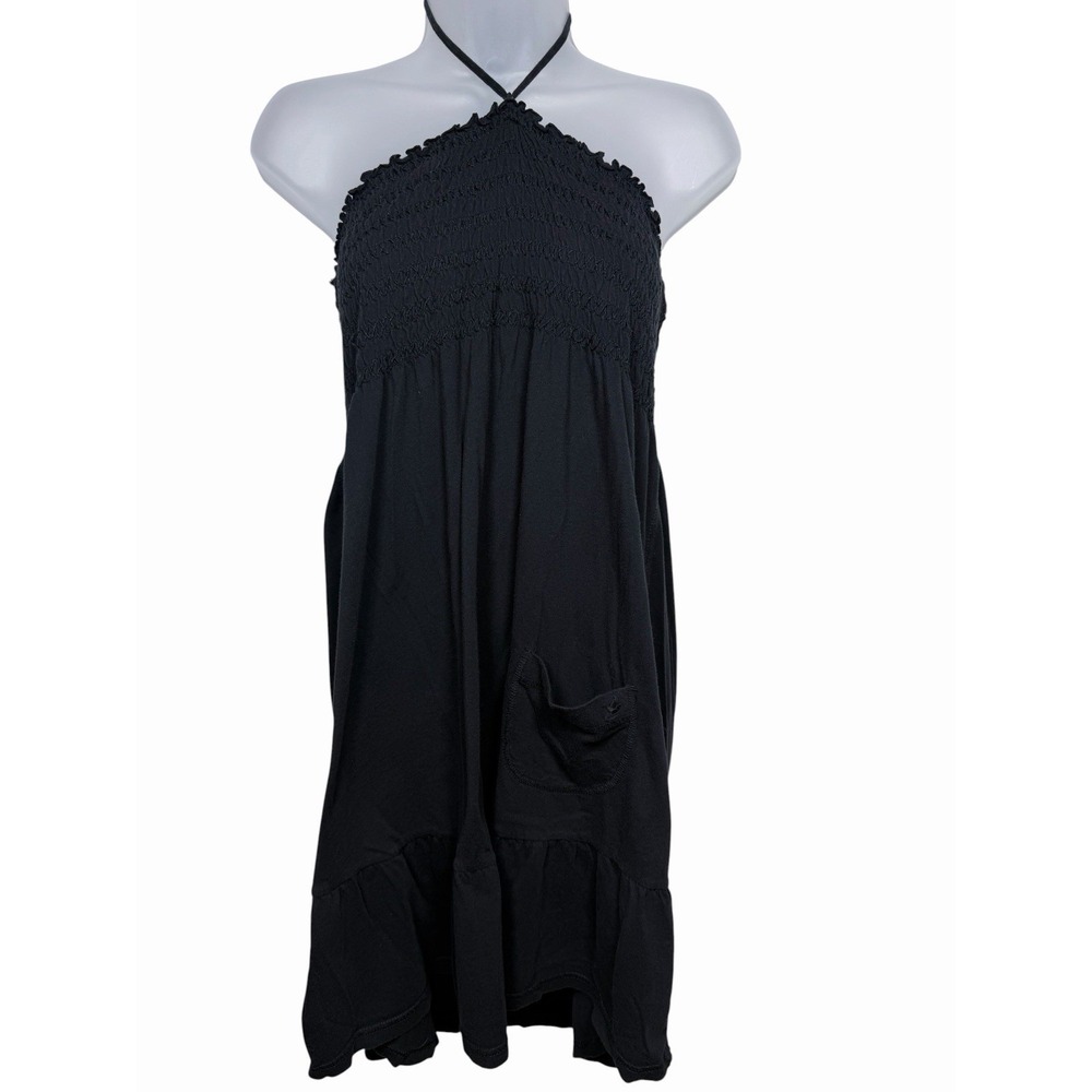 Aerie Y2K 00's XL Black Smocked Halter Beach Cover Up‎ Swim Dress Resort Coastal